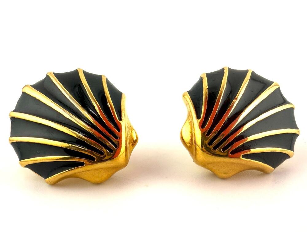 Vintage Monet Black Enamel Gold Tone Fan Shell Clip On Earrings Signed